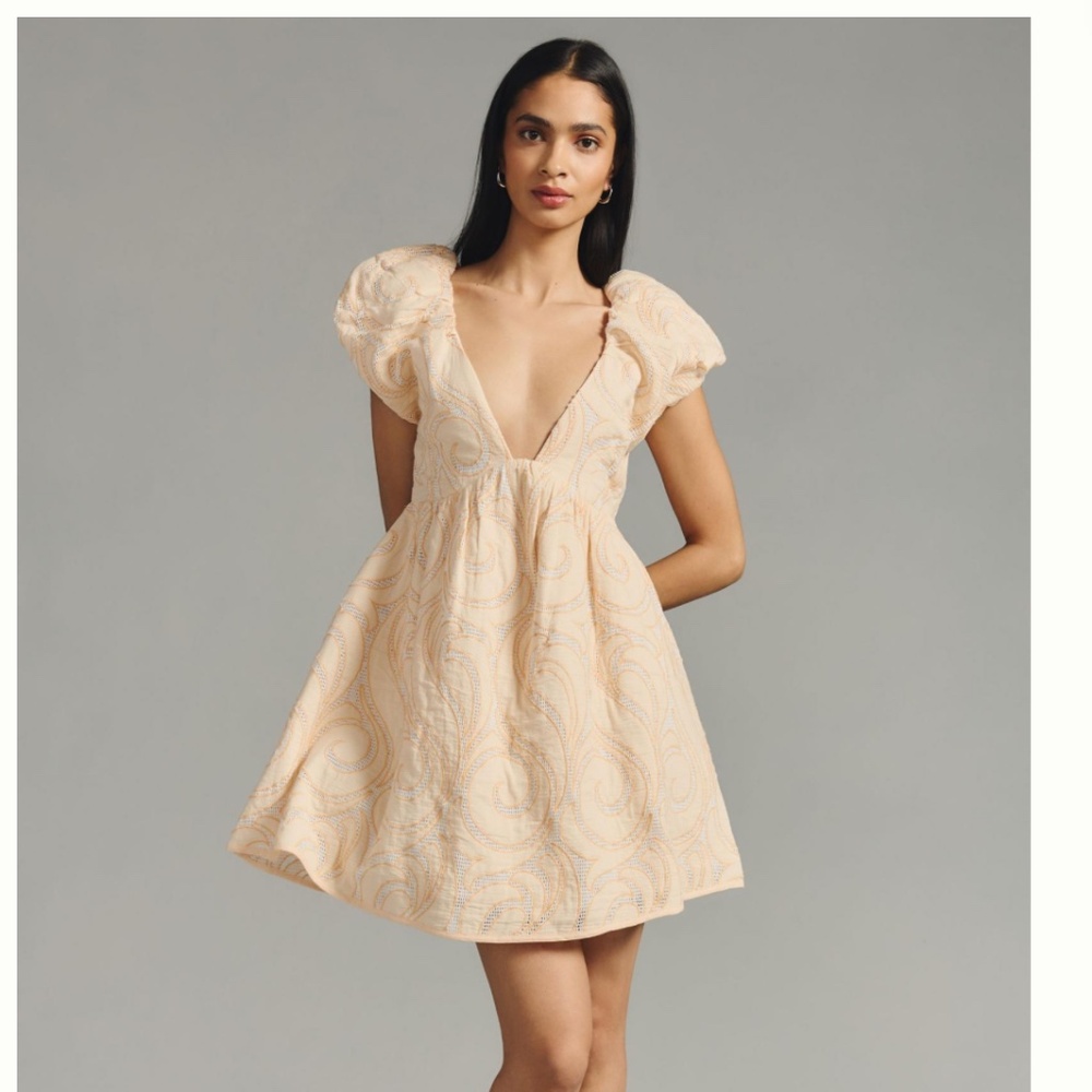 NWT By Anthropologie Deep-V Puff-Sleeve Dress PEACH SIZE 8